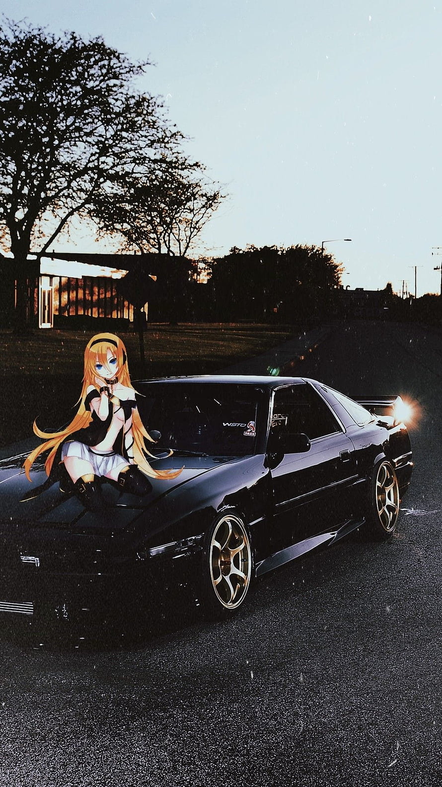 Anime Girl Sitting on Black Drift Car at Sunset HD phone wallpaper