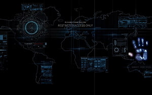 Cyber Security Digital Forensics World Map Interface with Biometric Data and Restricted Access HUD HD wallpaper