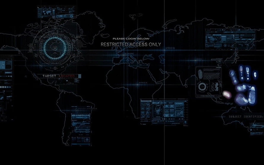 Cyber Security Digital Forensics World Map Interface with Biometric Data and Restricted Access HUD HD wallpaper