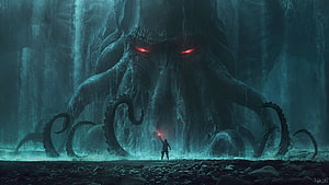 Cthulhu Confrontation: Lone Warrior Faces the Ancient Deep One in a Dark Cavern HD wallpaper