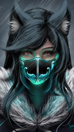Dark Fantasy Anime Girl with Glowing Cyan Mask and Wolf Ears HD phone wallpaper