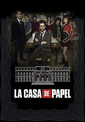Money Heist Cast Group Portrait with Professor and Royal Mint Building Illustration HD phone wallpaper