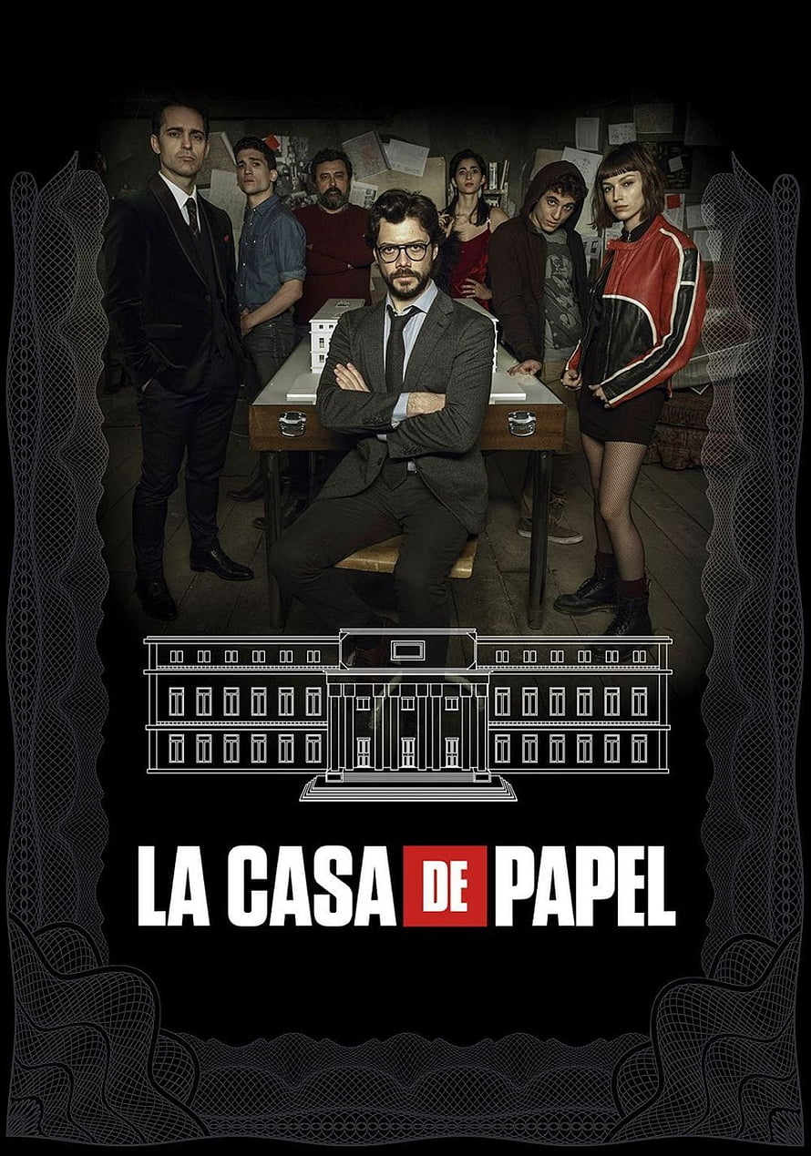 Money Heist Cast Group Portrait with Professor and Royal Mint Building Illustration HD phone wallpaper