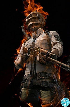 PUBG Mobile Soldier in Flames with AK-47 Assault Rifle and Tactical Gear HD phone wallpaper