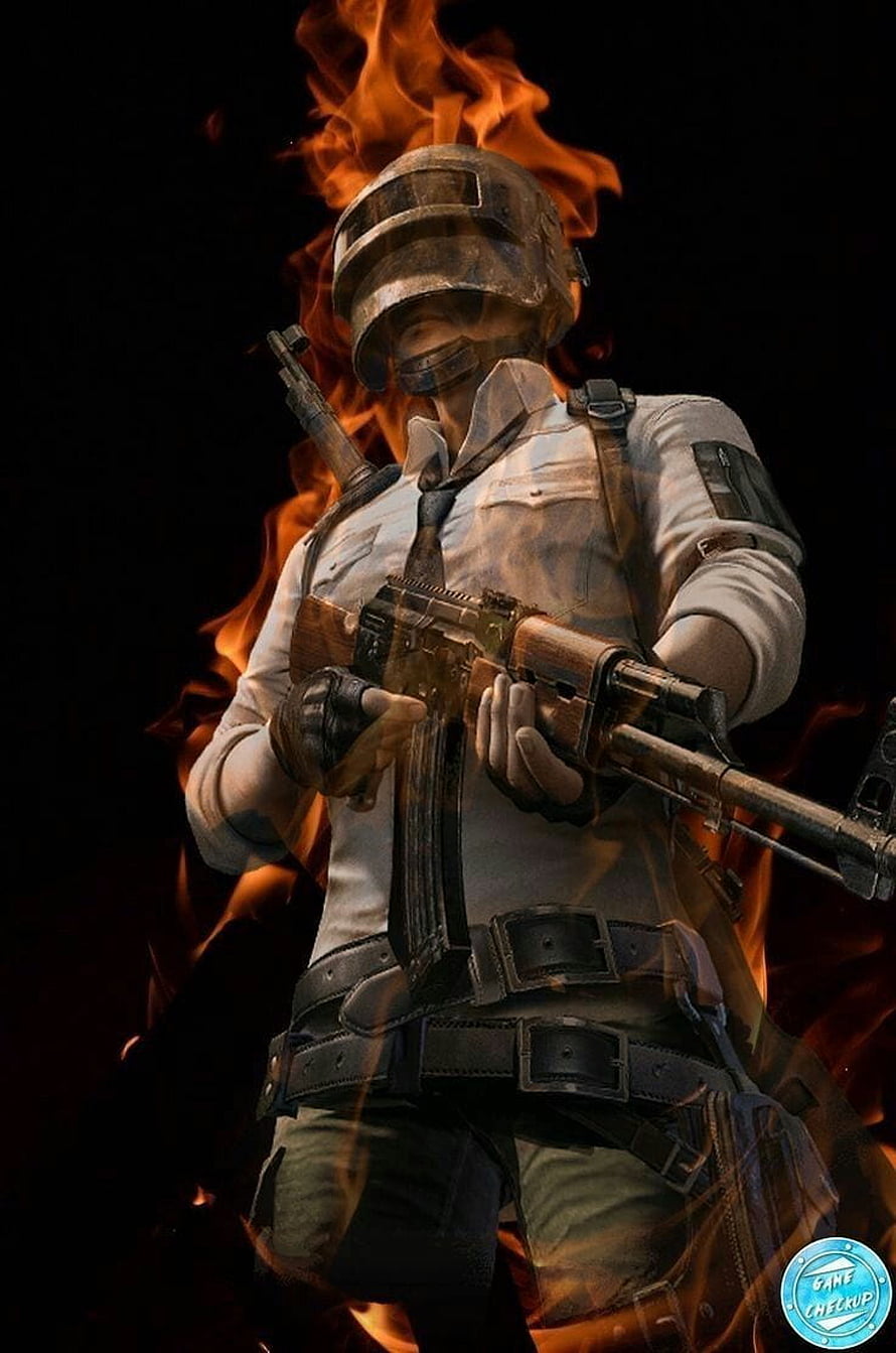 PUBG Mobile Soldier in Flames with AK-47 Assault Rifle and Tactical Gear HD phone wallpaper
