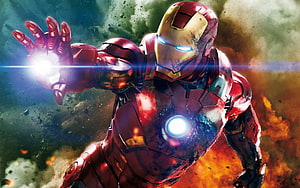 Iron Man Mark 42 Armor Firing Repulsor Beam Amidst Explosions and Debris, The Avengers, #the avenger HD wallpaper