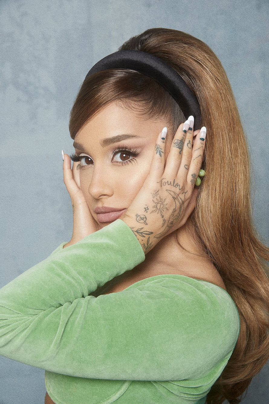 Ariana Grande in Green Velvet Top with High Ponytail and Hand Tattoos HD phone wallpaper