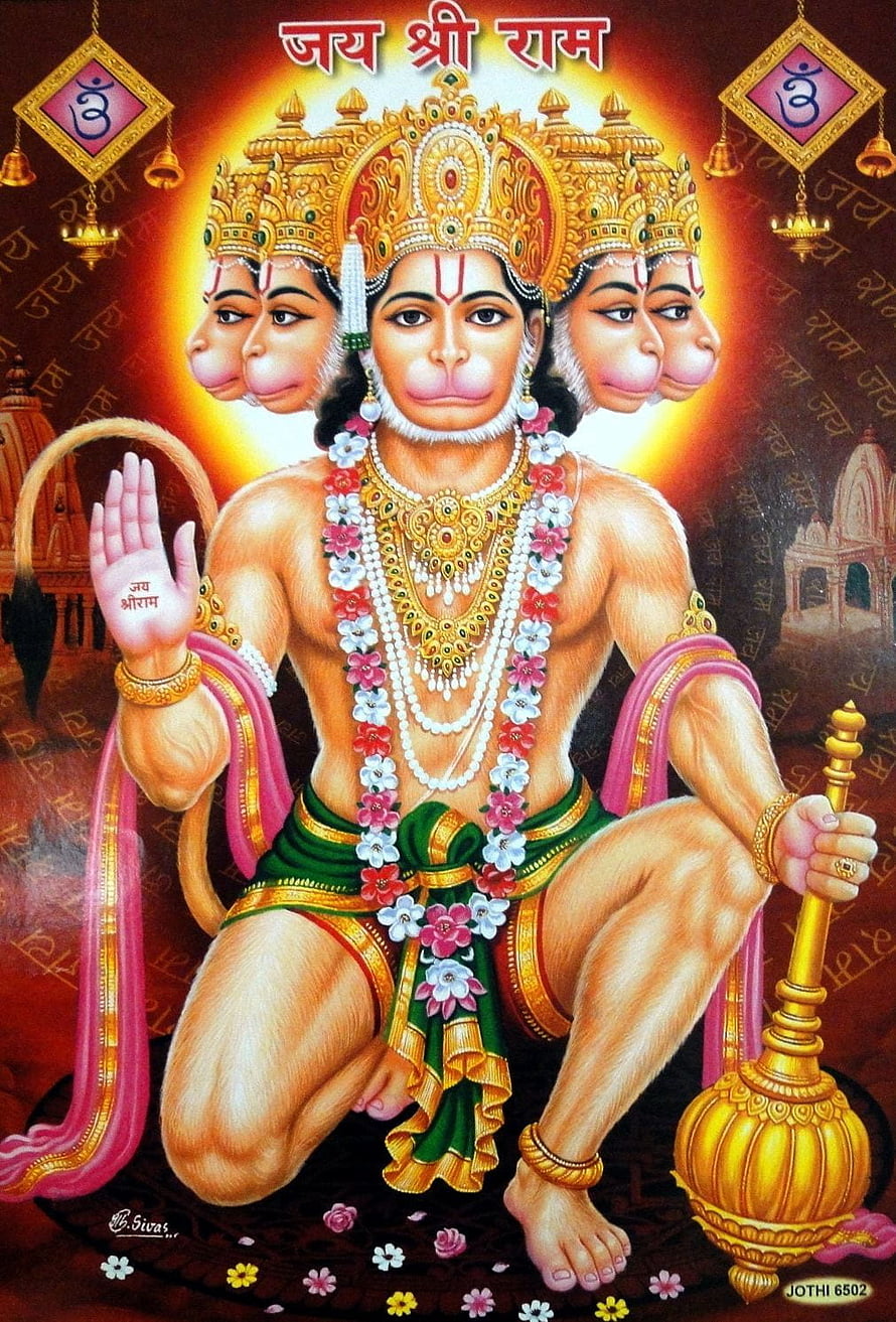 Panchmukhi Hanuman Devotional Artwork with Golden Crown and Mace, Panchmukhi Hanuman, shiva ganesha hanuman HD phone wallpaper