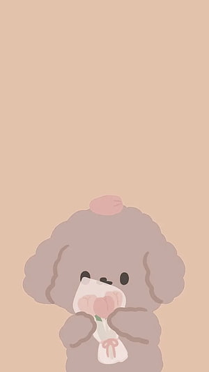 Cute Grey Poodle Holding Pink Flower Bouch in Minimalist Korean Style HD phone wallpaper