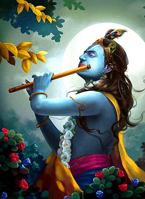 Lord Krishna Playing Flute Under Full Moon With Peacock Feather Crown HD phone wallpaper