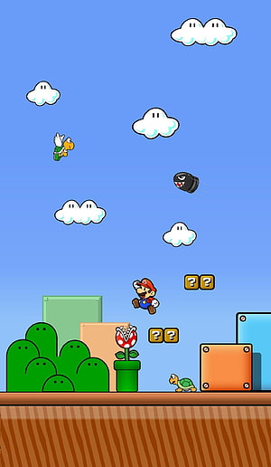 Super Mario Bros Wonder gameplay scene with Mario jumping over Piranha Plant and Koopa Troopa HD phone wallpaper