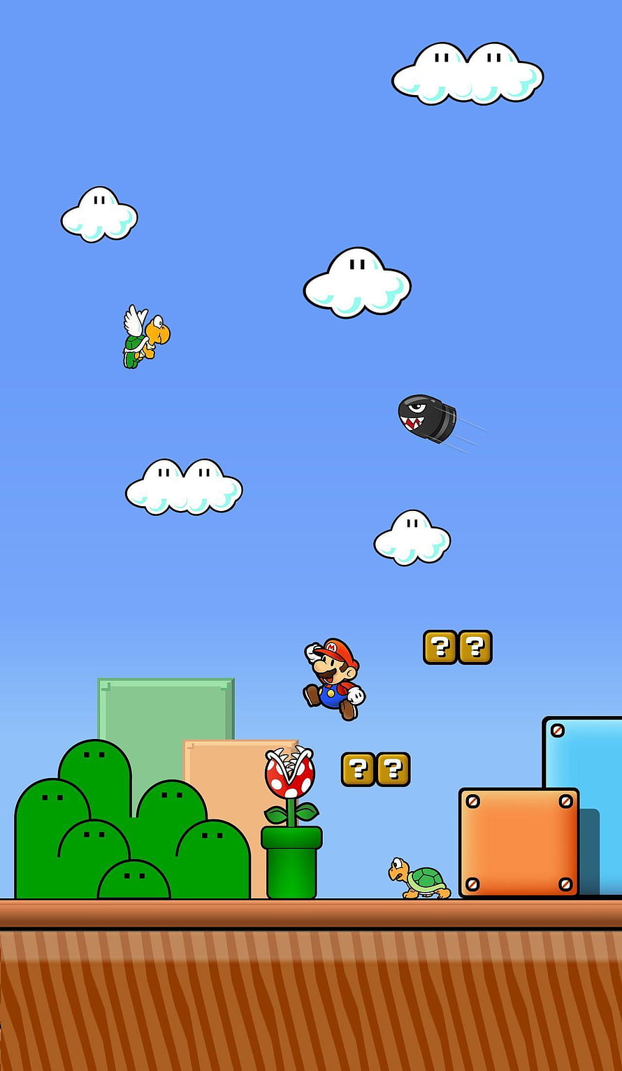 Super Mario Bros Wonder gameplay scene with Mario jumping over Piranha Plant and Koopa Troopa HD phone wallpaper