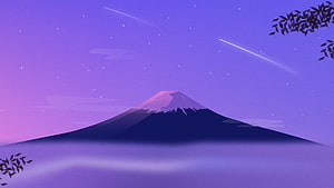 Stylized Mount Fuji at Night with Shooting Stars and Purple Sky HD wallpaper