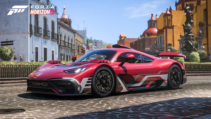 Red Mercedes-AMG One Hypercar in Forza Horizon 5 Spanish Town Square HD wallpaper