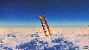 Burning Wooden Ladder Reaching Into Starry Sky Above Clouds HD wallpaper