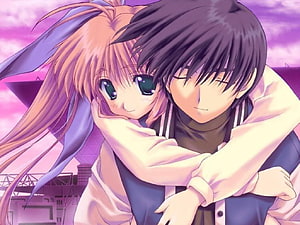 Romantic Anime Couple Embrace at Sunset with Soft Pink Sky and School Uniforms HD wallpaper