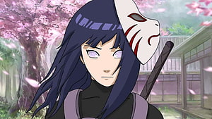 Hinata Hyuga Anime Character With White Mask And Sword Under Cherry Blossoms HD wallpaper