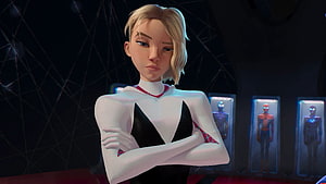 Gwen Stacy in Spider-Man: Into the Spider-Verse with arms crossed in a dark room HD wallpaper
