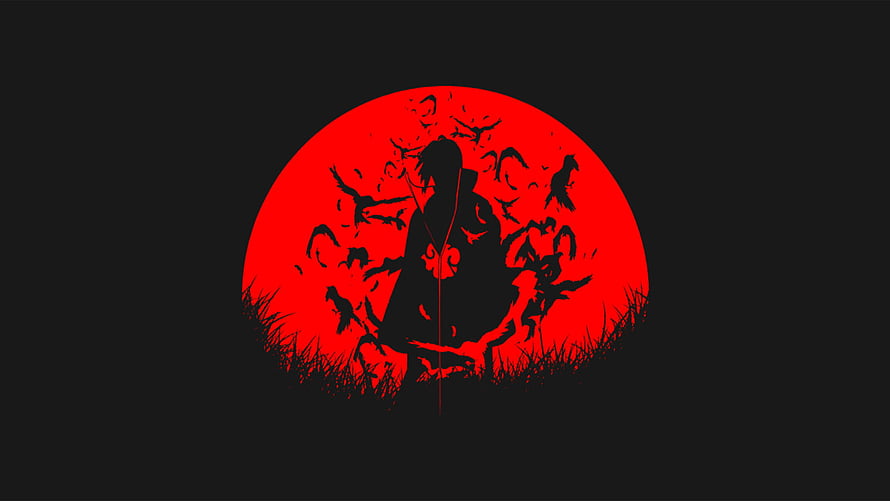 Akatsuki Member Silhouette Against Red Moon in Naruto Anime Style HD wallpaper