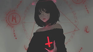 Anime Girl with Red Halo and Cross in Dark Occult Style HD wallpaper