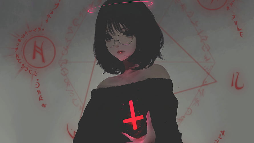 Anime Girl with Red Halo and Cross in Dark Occult Style HD wallpaper