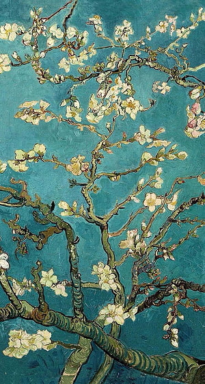 Vincent van Gogh Almond Blossom Oil Painting with Turquoise Background HD phone wallpaper