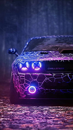 Dodge Challenger with Neon Geometric Light Patterns in Dark Forest HD phone wallpaper