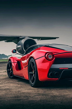 Red Ferrari LaFerrari Rear View Parked on Airfield Tarmac HD phone wallpaper