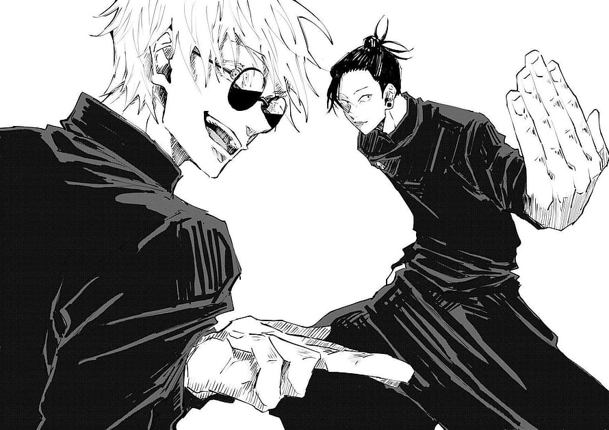 Gojo Satoru and Geto Suguru Confrontation in Black and White Jujutsu Kaisen Manga Panel HD wallpaper