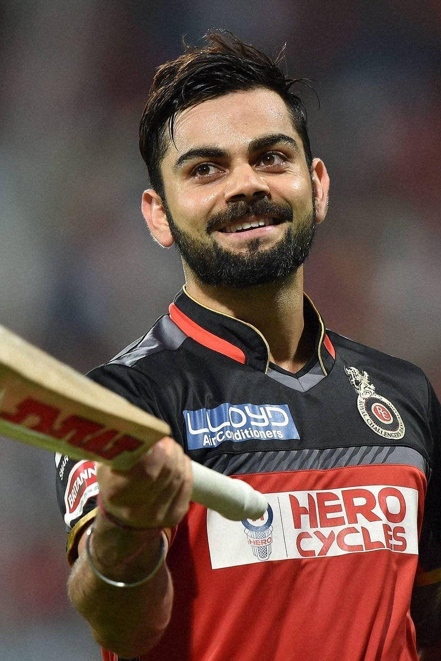 Virat Kohli Smiling Portrait in Royal Challengers Bangalore Cricket Jersey HD phone wallpaper