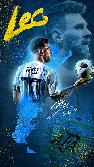 Lionel Messi Argentina National Team Portrait with Soccer Ball and Map Silhouette HD phone wallpaper