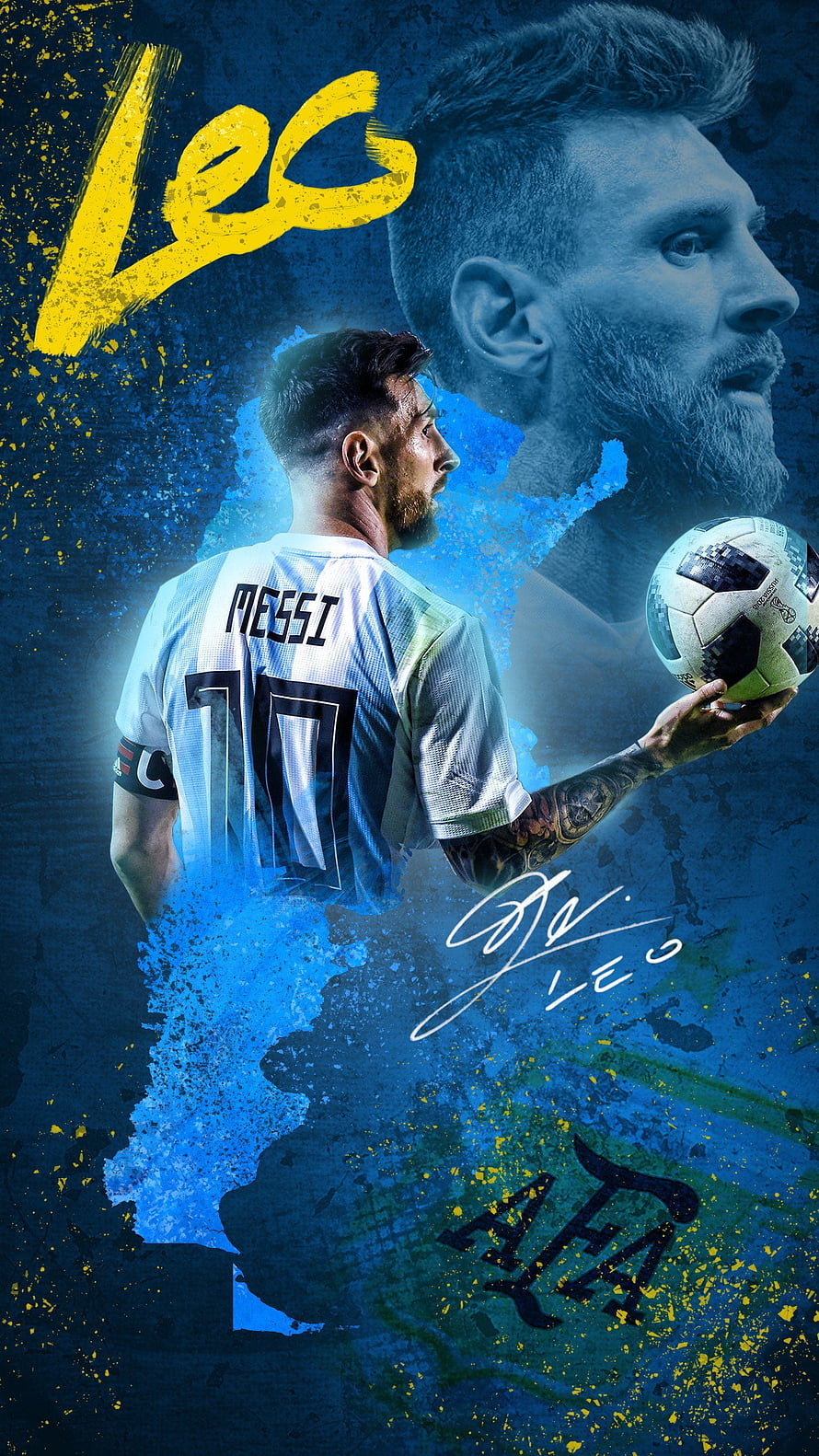Lionel Messi Argentina National Team Portrait with Soccer Ball and Map Silhouette HD phone wallpaper