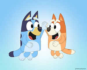 Bluey and Bingo Heeler Cartoon Characters High-Fiving on a Light Blue Background HD wallpaper