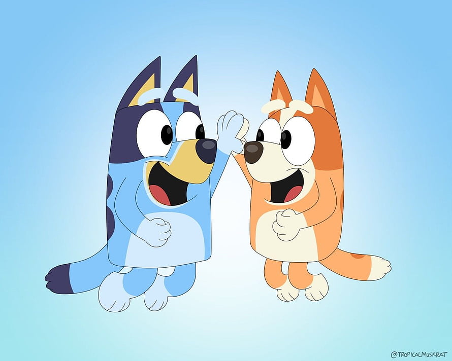 Bluey and Bingo Heeler Cartoon Characters High-Fiving on a Light Blue Background HD wallpaper
