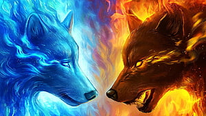 Fire and Ice Wolves Facing Off Digital Art Wallpaper HD wallpaper