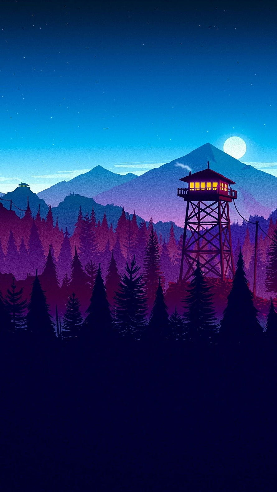 Stylized Night Forest Scene with Watchtower, Moonlit Mountains, and Purple Pine Silhouettes HD phone wallpaper
