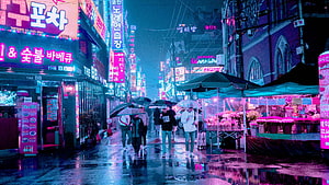 Rainy Night in Seoul's Neon-Lit Street with Pedestrians and Market Stalls HD wallpaper