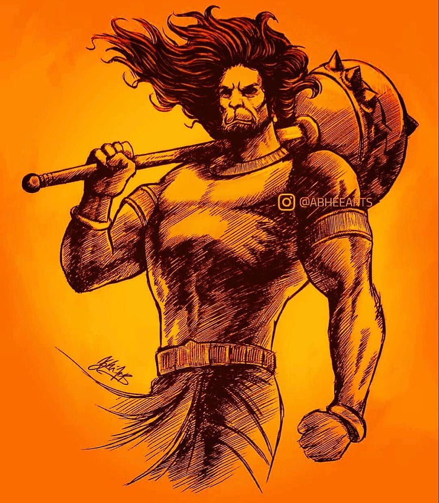 Illustration of a muscular warrior with long hair carrying a spiked mace on an orange background HD phone wallpaper