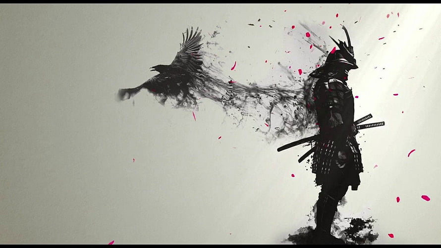 Ink Wash Samurai Warrior with Raven and Crimson Splatter on Minimalist Background HD wallpaper