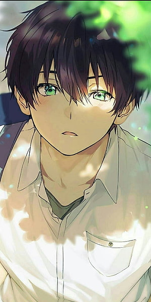 Anime Boy With Green Eyes And Dark Hair In White Shirt HD phone wallpaper