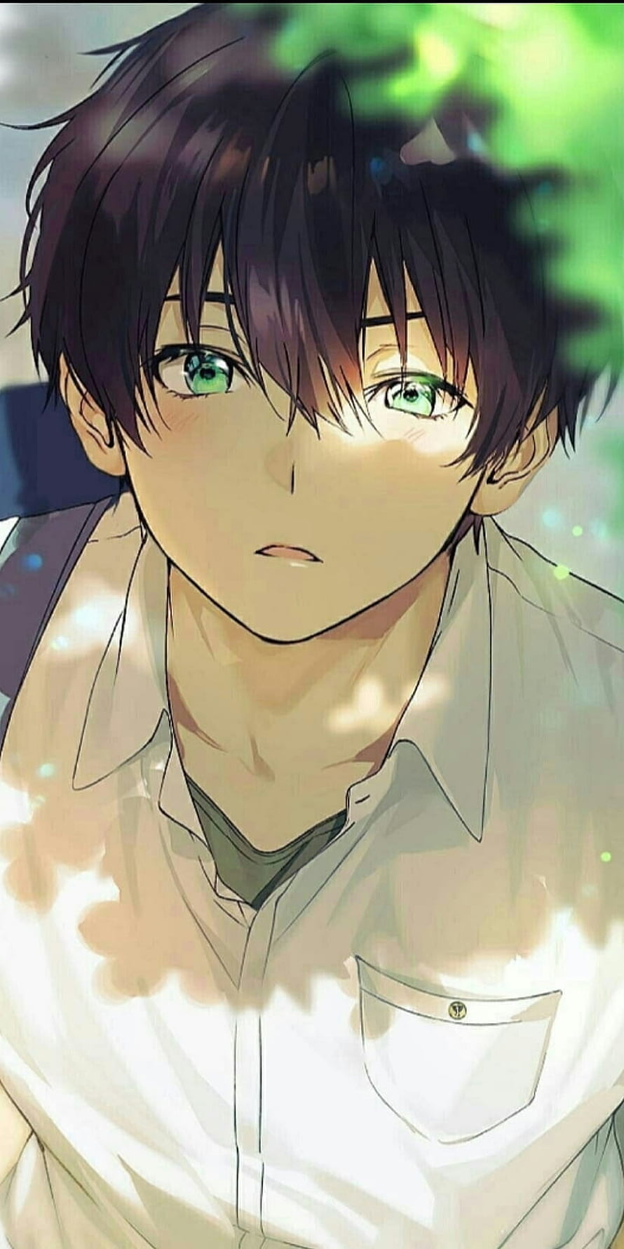 Anime Boy With Green Eyes And Dark Hair In White Shirt HD phone wallpaper