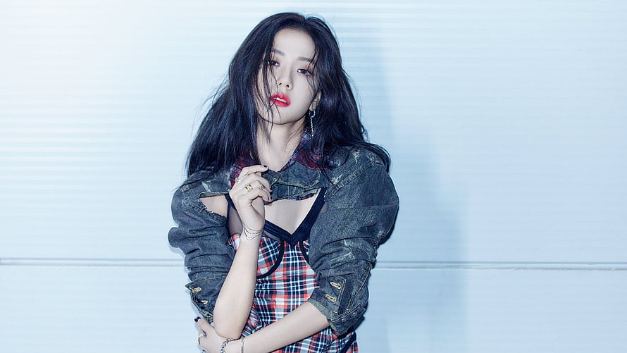 Jisoo from Blackpink in distressed denim jacket and plaid dress with bold red lips HD wallpaper
