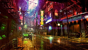 Rainy Cyberpunk City Street with Neon Signs and Wet Reflections HD wallpaper