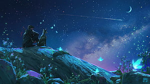 Anime warrior and dog gazing at a starry night sky with shooting star and glowing butterflies HD wallpaper