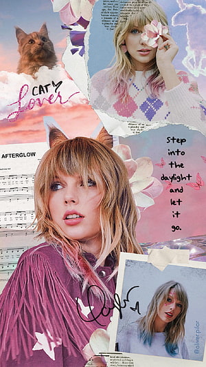Taylor Swift collage art featuring pastel colors, cats, and dreamy aesthetic HD phone wallpaper