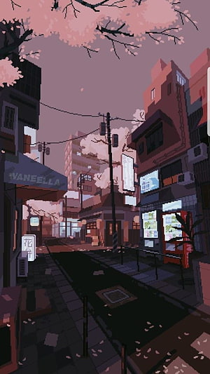 Pixel Art Japanese Street Scene With Cherry Blossoms And Vending Machines HD phone wallpaper