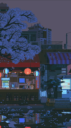 Trystan Jordan Pixel Art of a Neon-Lit Japanese Street at Night with Cherry Blossoms HD phone wallpaper