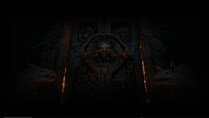 Diablo 4 Dark Ornate Gate with Dragon Statues and Fiery Embers HD wallpaper