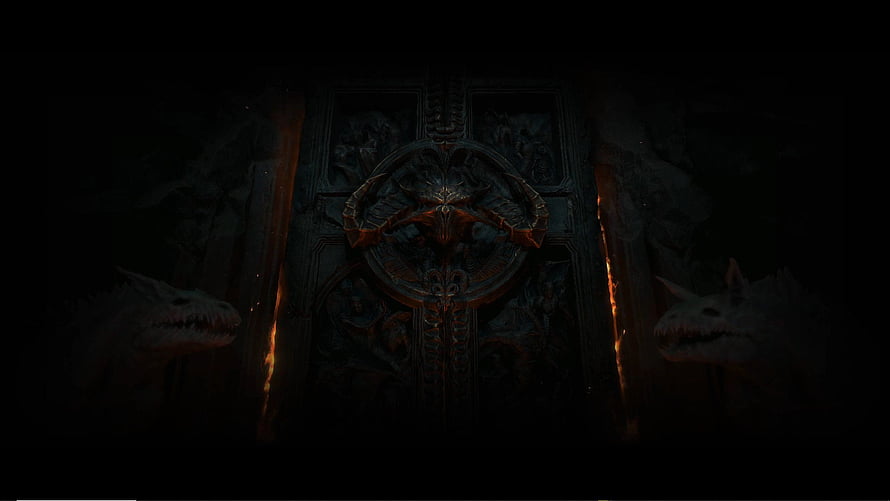 Diablo 4 Dark Ornate Gate with Dragon Statues and Fiery Embers HD wallpaper