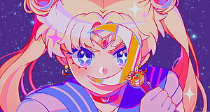 Sailor Moon holding a magical mirror with a starry night background in vibrant anime style HD wallpaper